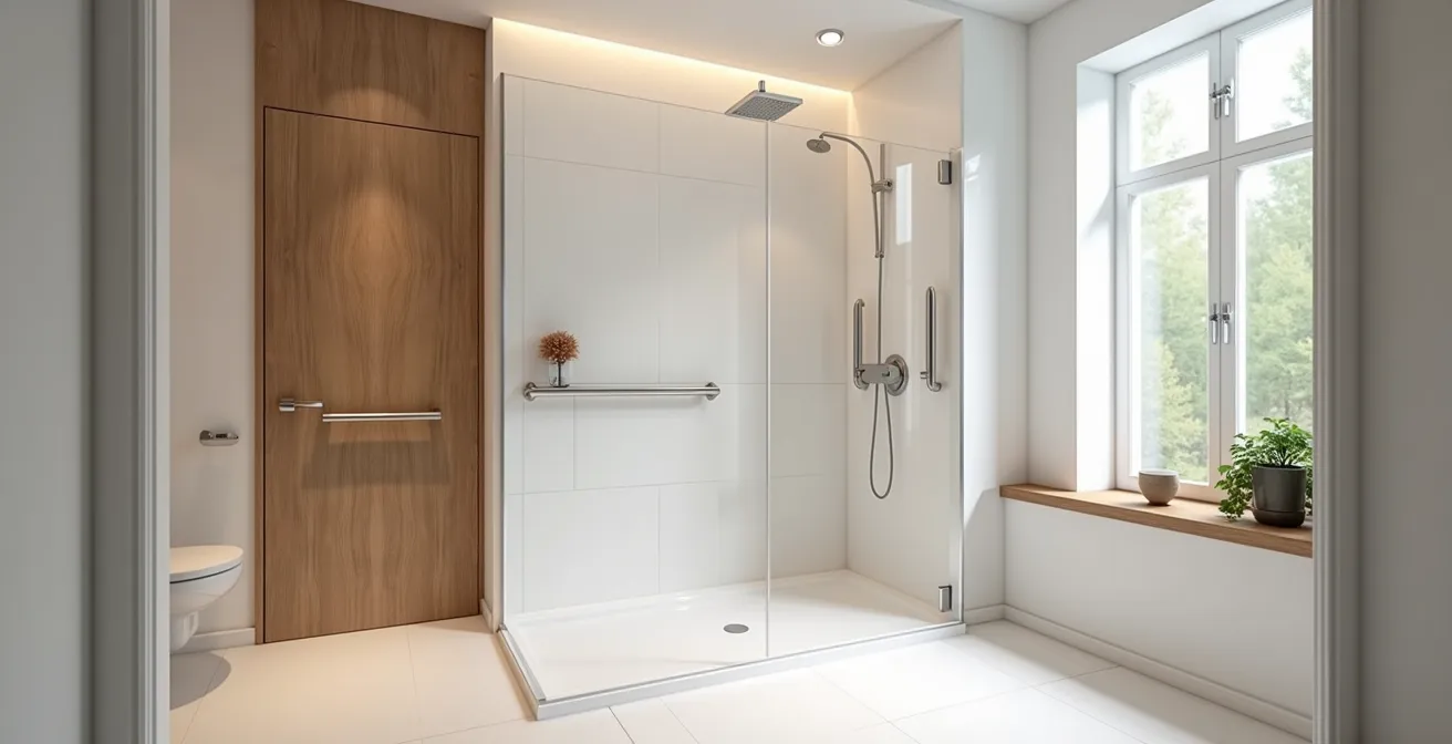 Vue d'ensemble d'une salle de bain adaptée PMR avec douche de plain-pied et barres d'appui