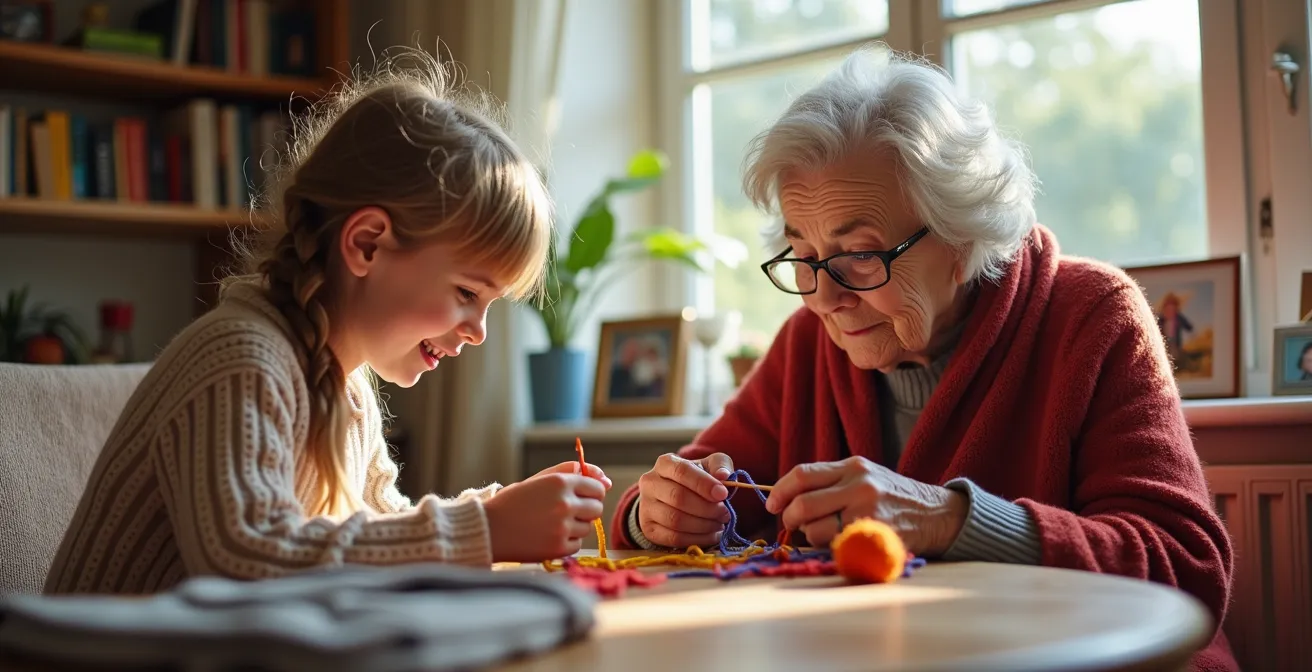 Senior enseignant une compétence manuelle à un enfant dans un cadre familial