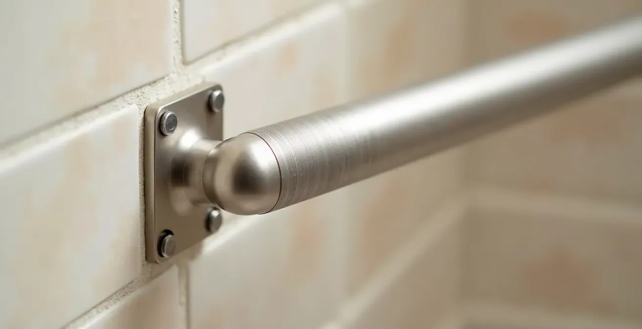Vue détaillée du placement ergonomique d'une barre d'appui près des toilettes