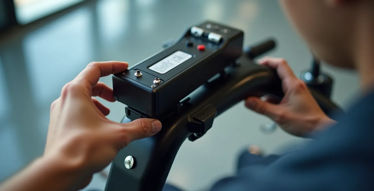 Batterie lithium compacte retirée d'un scooter PMR, prête pour le transport en avion