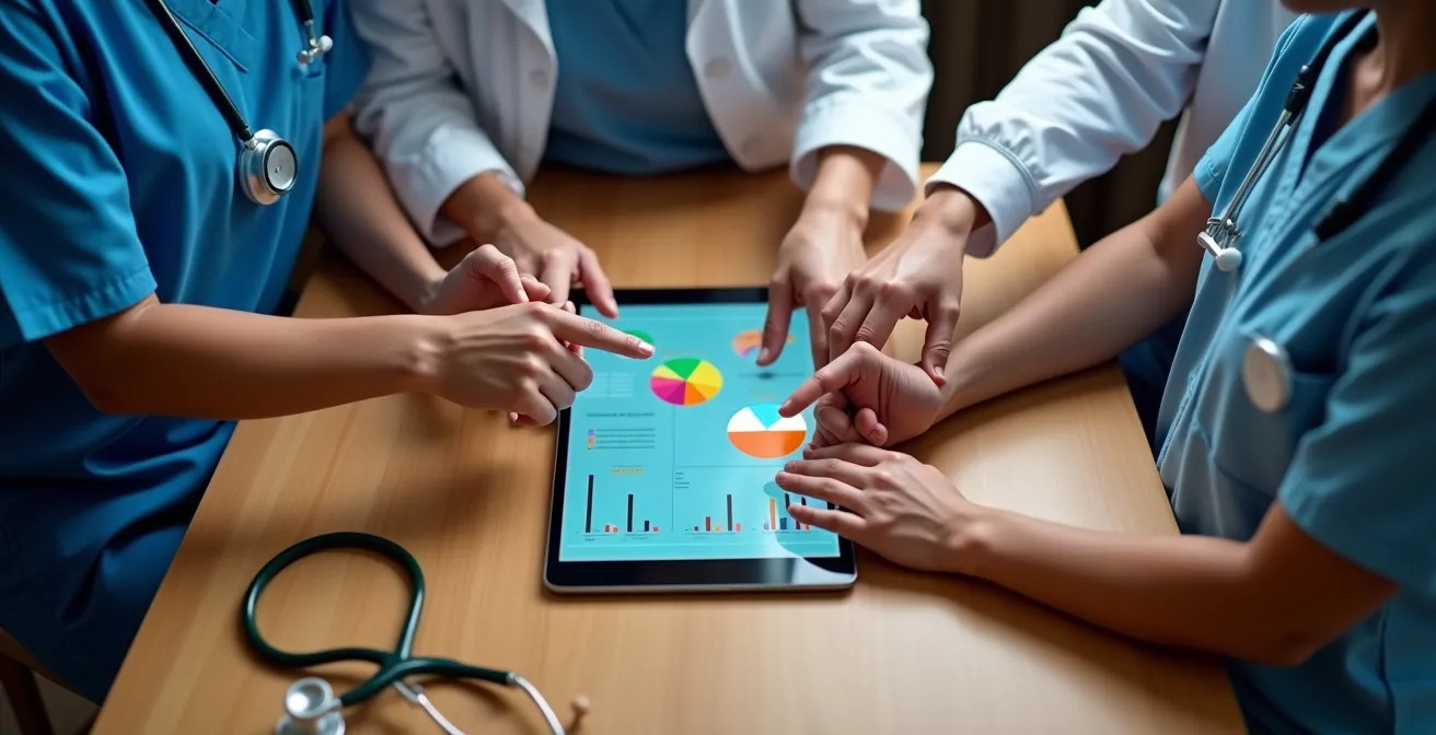 Professionnels de santé consultant ensemble une tablette dans un environnement de soins