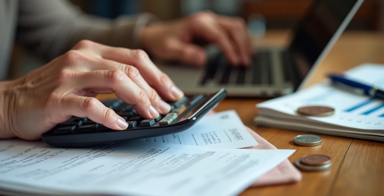 Personne âgée consultant ses documents financiers avec calculatrice sur table en bois