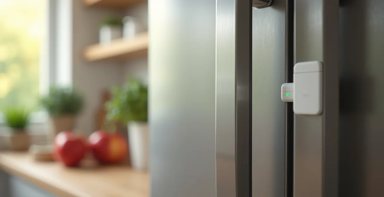 Capteur discret sur réfrigérateur dans cuisine française adaptée aux seniors