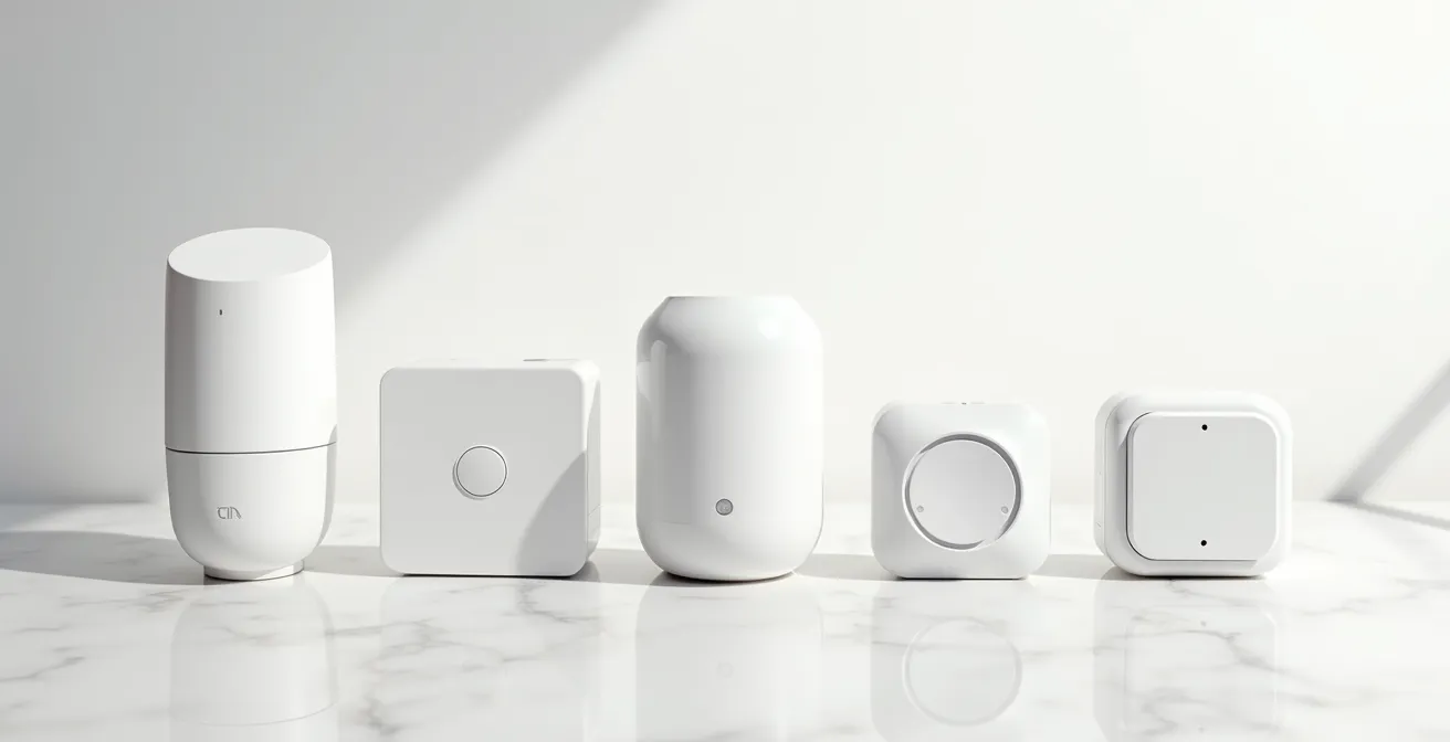 Alignement de différents capteurs domotiques sur surface épurée montrant la différence de qualité de fabrication