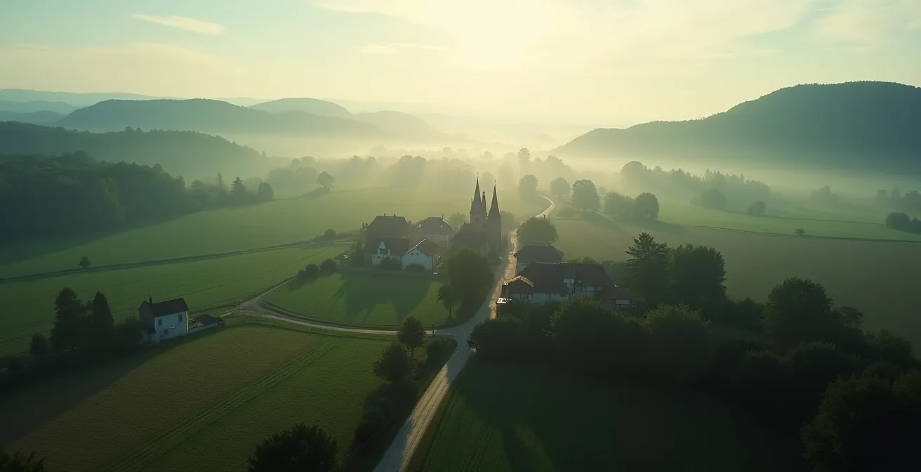 Vue aérienne d'un paysage rural français avec indicateurs de couverture réseau