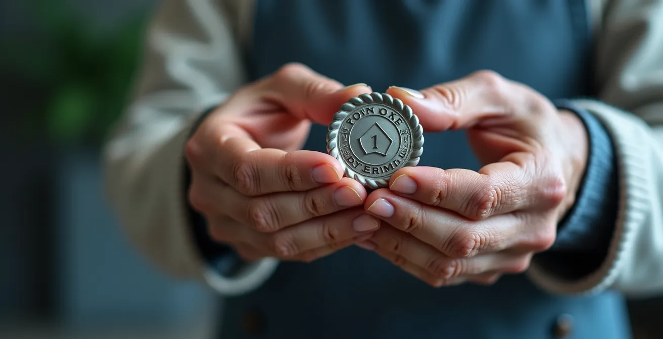 Gros plan sur des mains tenant un badge de certification avec arrière-plan flou d'un centre d'appels