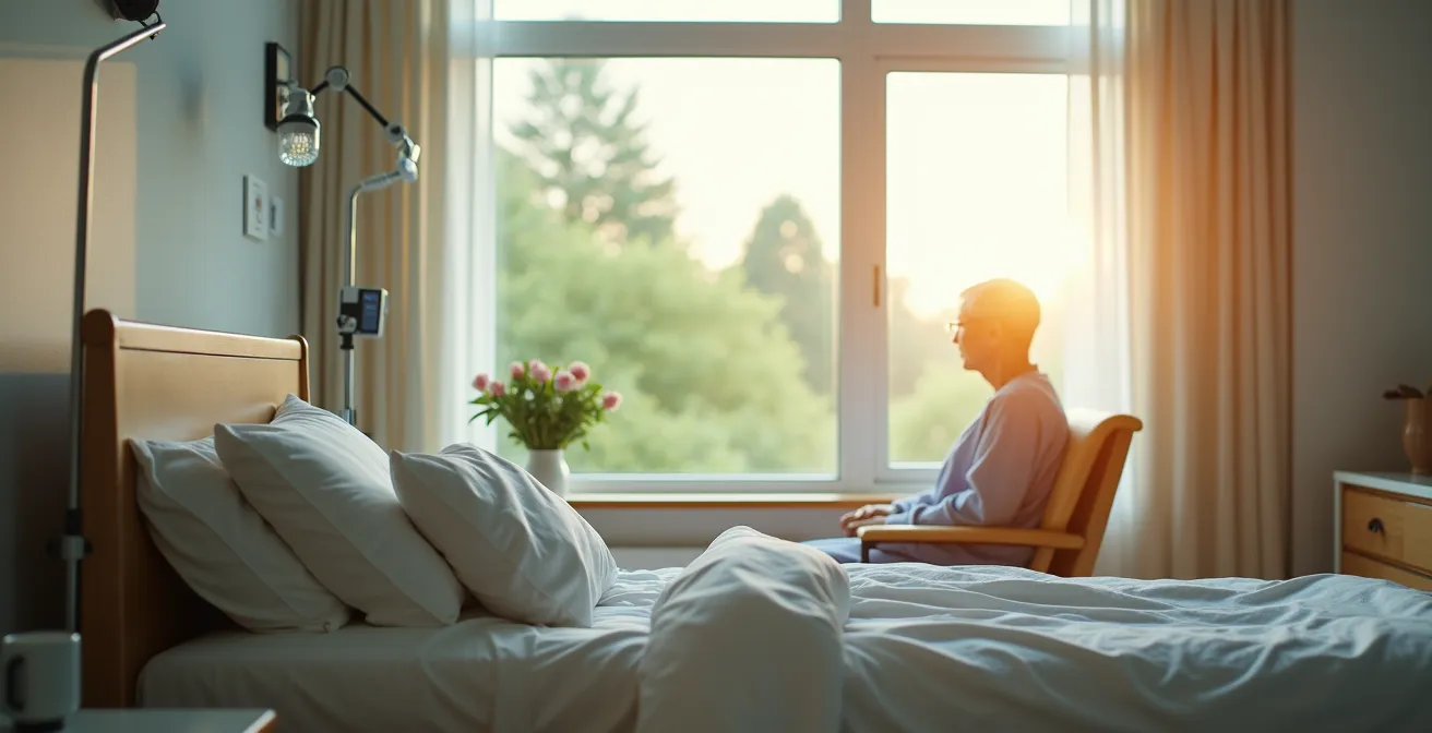 Chambre d'hôpital individuelle lumineuse avec vue sur jardin favorisant le repos