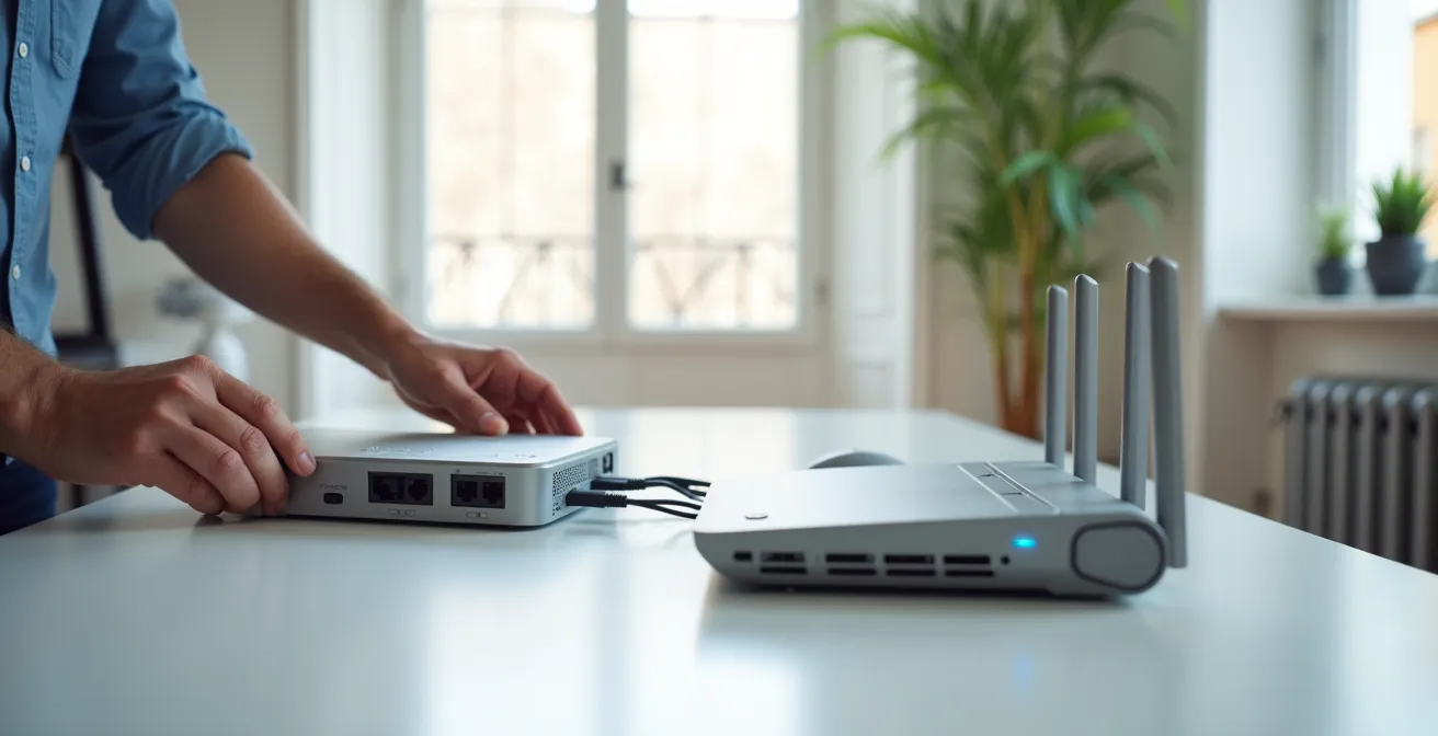 Technicien testant la connexion d'un transmetteur de téléassistance sur une nouvelle box internet
