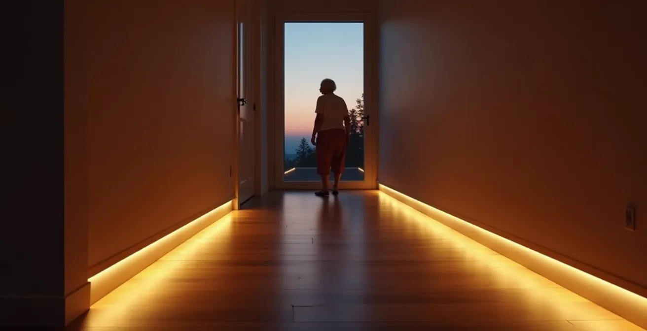 Couloir équipé d'un chemin lumineux automatique discret pour prévenir les chutes nocturnes