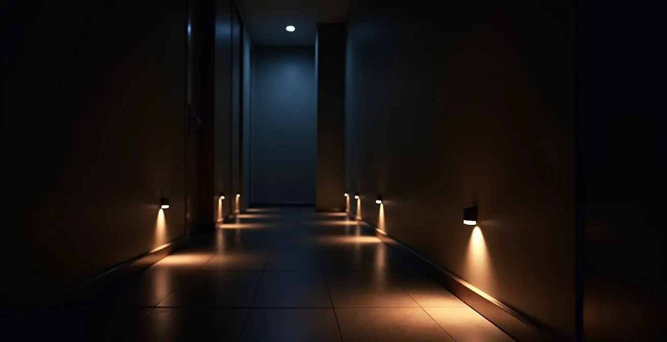 Couloir équipé d'un système d'éclairage automatique à LED pour sécuriser les déplacements nocturnes