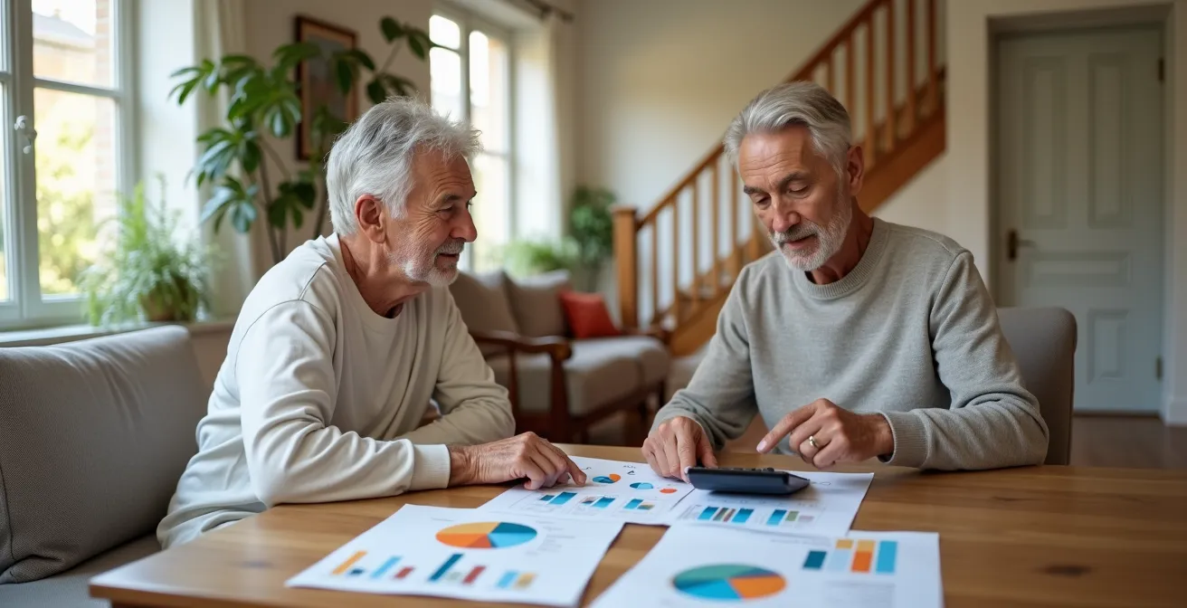 Couple de seniors planifiant leur budget retraite avec calculatrice et documents dans leur salon