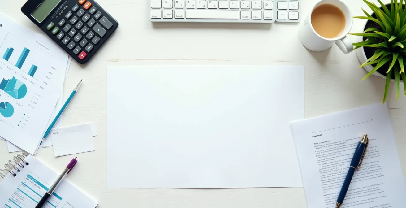 Vue en plongée d'un bureau avec documents administratifs et calculatrice dans un environnement lumineux