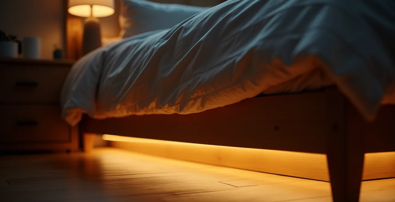 Chambre à coucher avec éclairage tamisé progressif sous le lit créant une ambiance douce et sécurisante pour les levers nocturnes