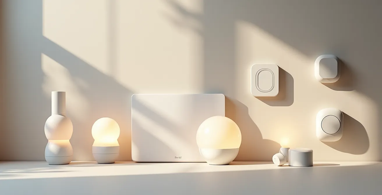 Installation domotique avec différents équipements interconnectés dans un espace de vie moderne