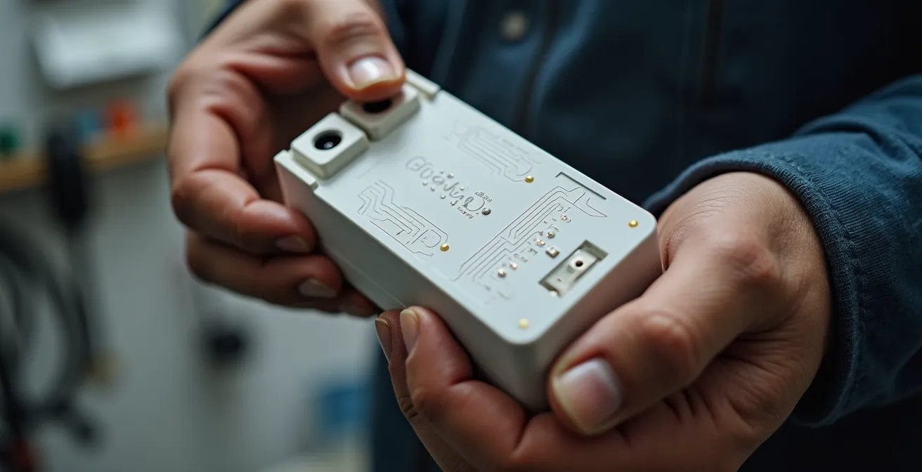 Mains d'électricien tenant un module domotique avec outils professionnels en arrière-plan