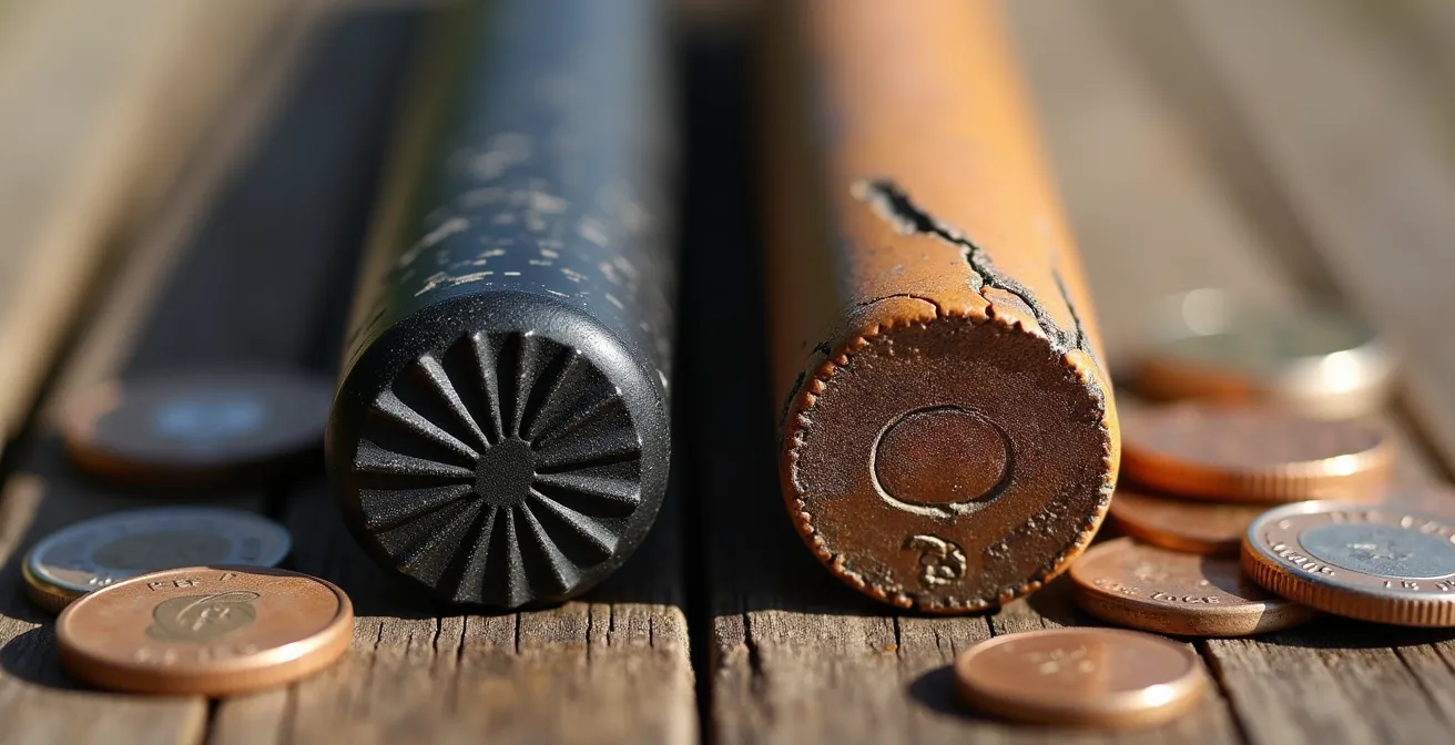 Comparaison macro entre un embout de canne neuf et usé montrant les différences de texture