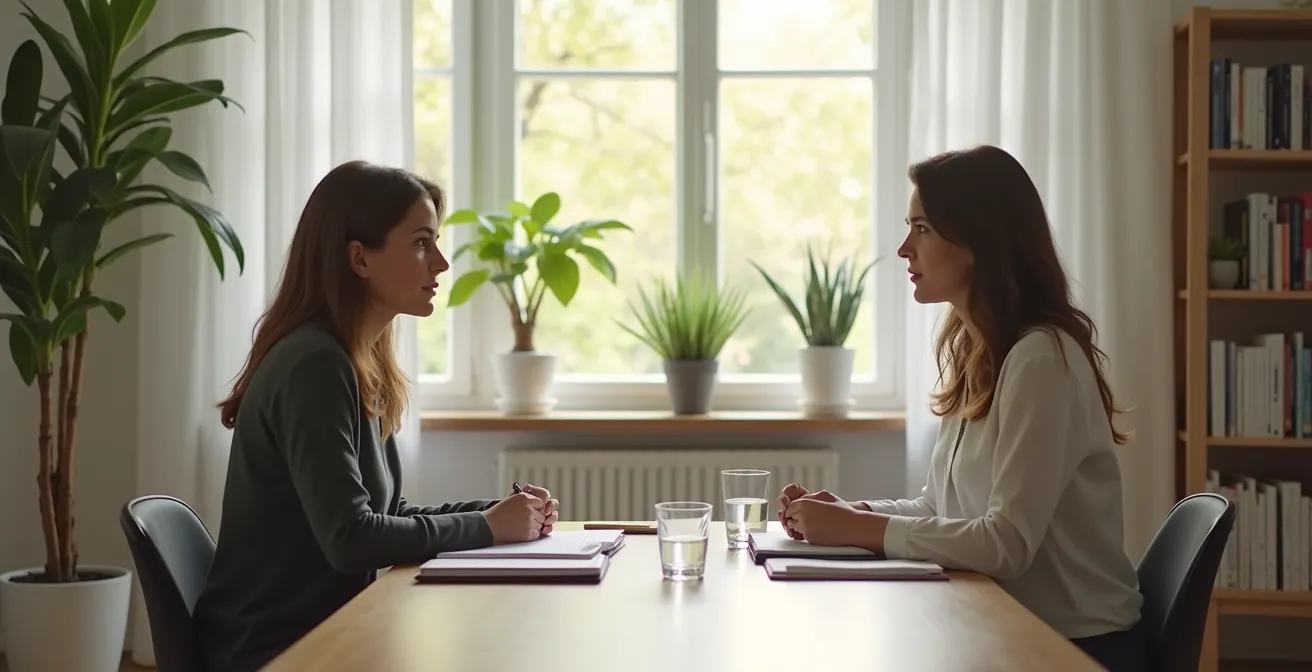 Entretien professionnel entre un employeur et une candidate auxiliaire de vie dans un cadre bienveillant