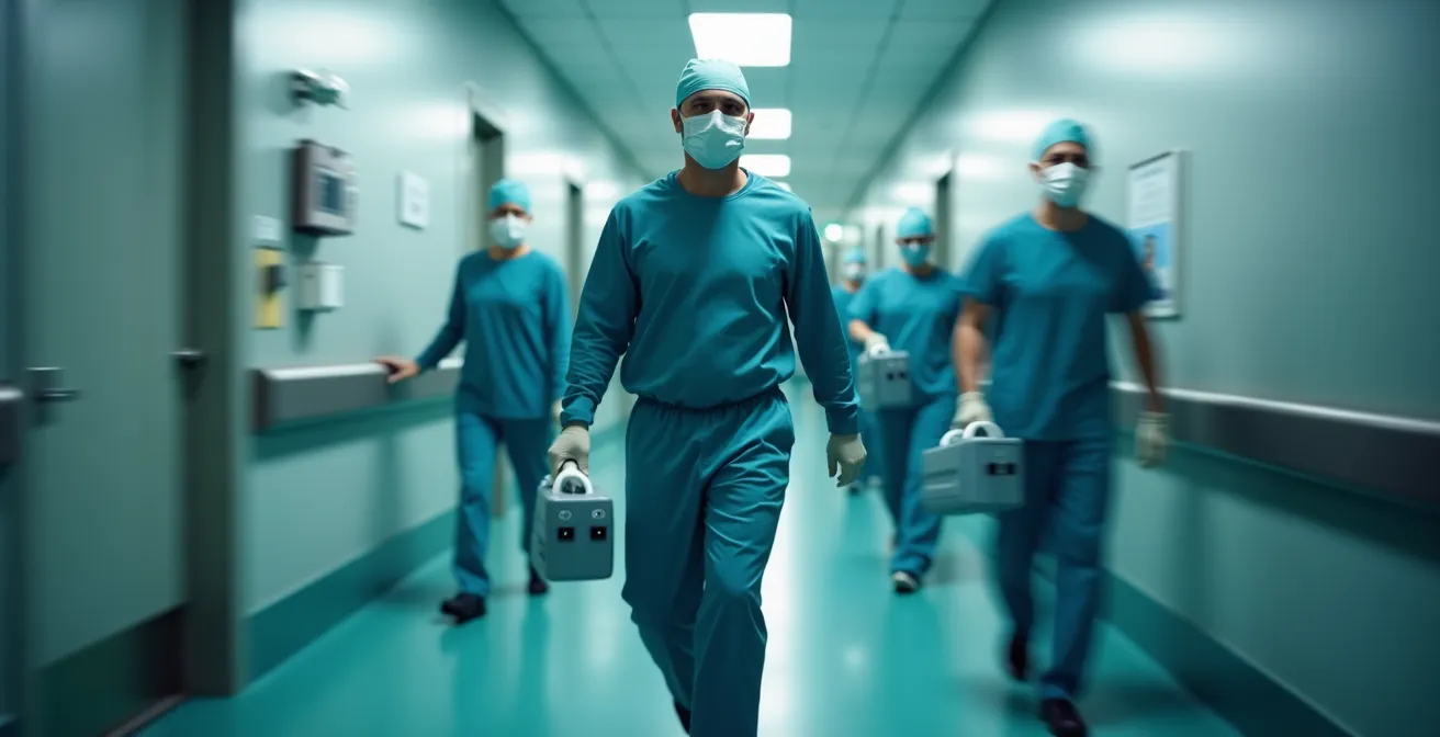 Équipe médicale en action préparant rapidement un bloc opératoire