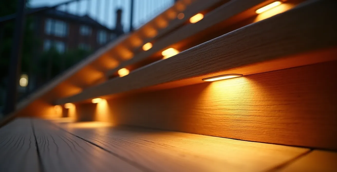 Escalier avec éclairage LED intégré dans les contremarches éliminant les ombres portées pour sécuriser la montée et la descente