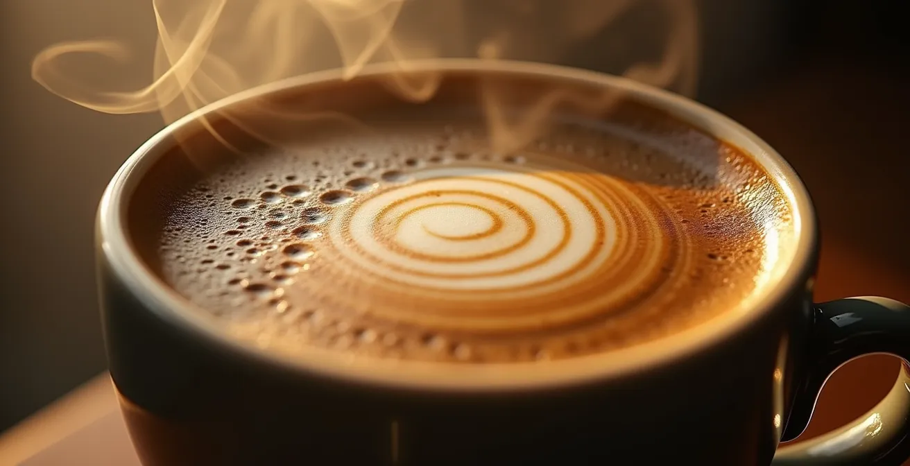 Vue macro sur une tasse de café avec effet de vapeur suggérant l'impact sur la tension