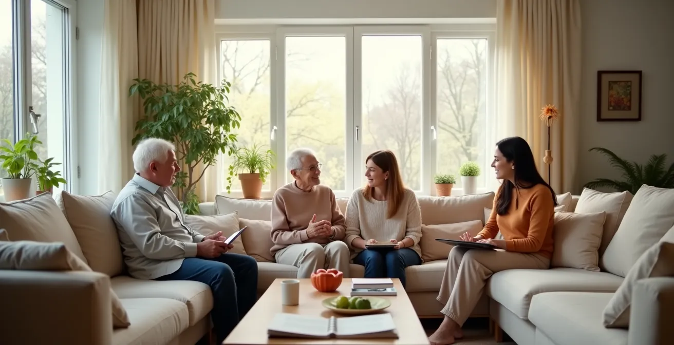 Trois générations d'une famille réunies autour d'une table dans un salon lumineux, symbolisant l'entraide administrative.