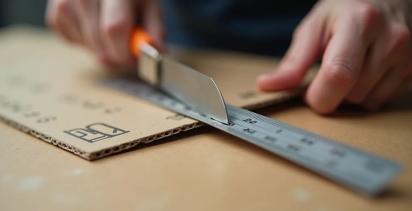 Personne découpant un gabarit en carton aux dimensions exactes d'un fauteuil pour tester les passages étroits