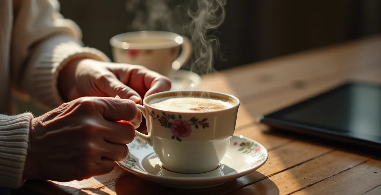 Grand-mère prenant son café de l'après-midi avec une tablette posée naturellement sur la table