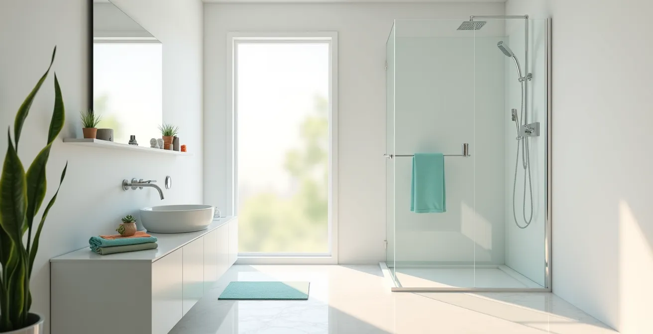 Vue d'ensemble d'une salle de bains équipée de capteurs domotiques discrets et sécurisée pour senior