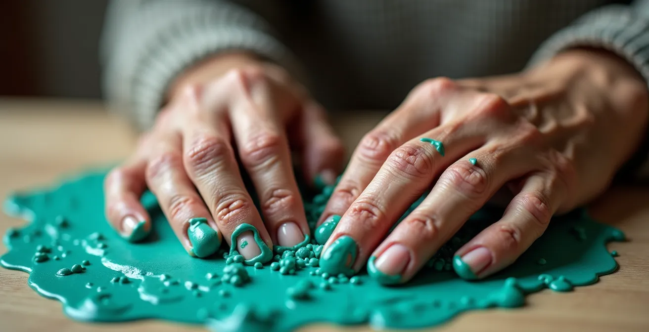 Gros plan sur des mains de senior travaillant avec de la pâte thérapeutique