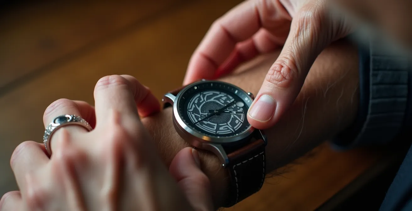 Gros plan sur les mains d'une personne âgée manipulant une montre avec interface épurée