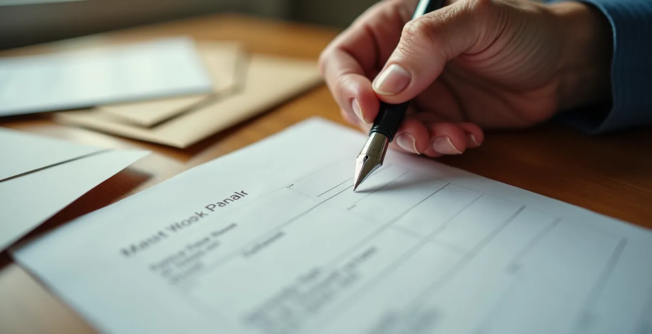 Main âgée tenant un stylo au-dessus d'un bureau avec papiers administratifs