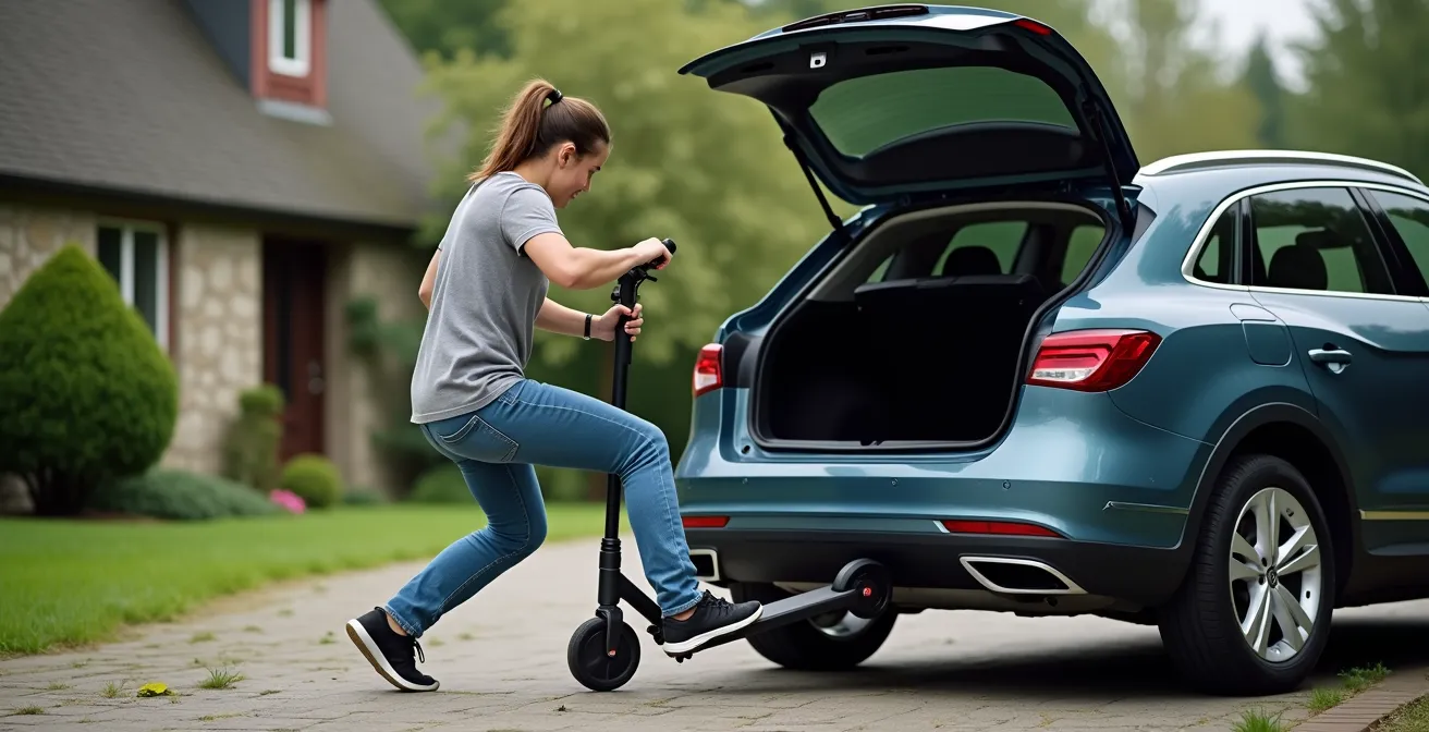 Vue de dos d'une personne peinant à soulever un scooter électrique vers le coffre d'une voiture