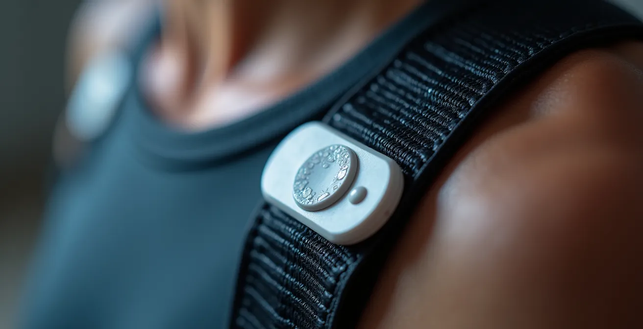 Détail macro du placement correct d'une ceinture cardiofréquencemètre sur le torse