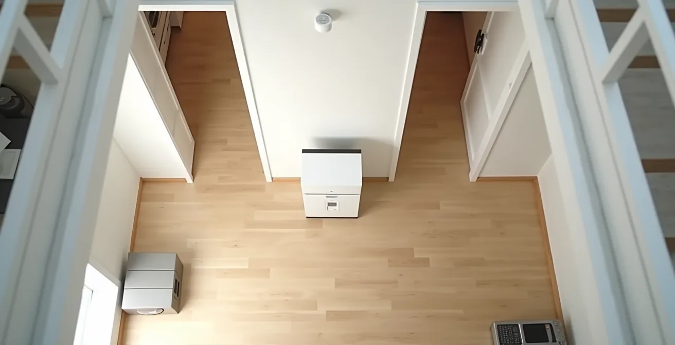 Vue de dessus d'un appartement montrant le placement central idéal du boîtier de téléassistance