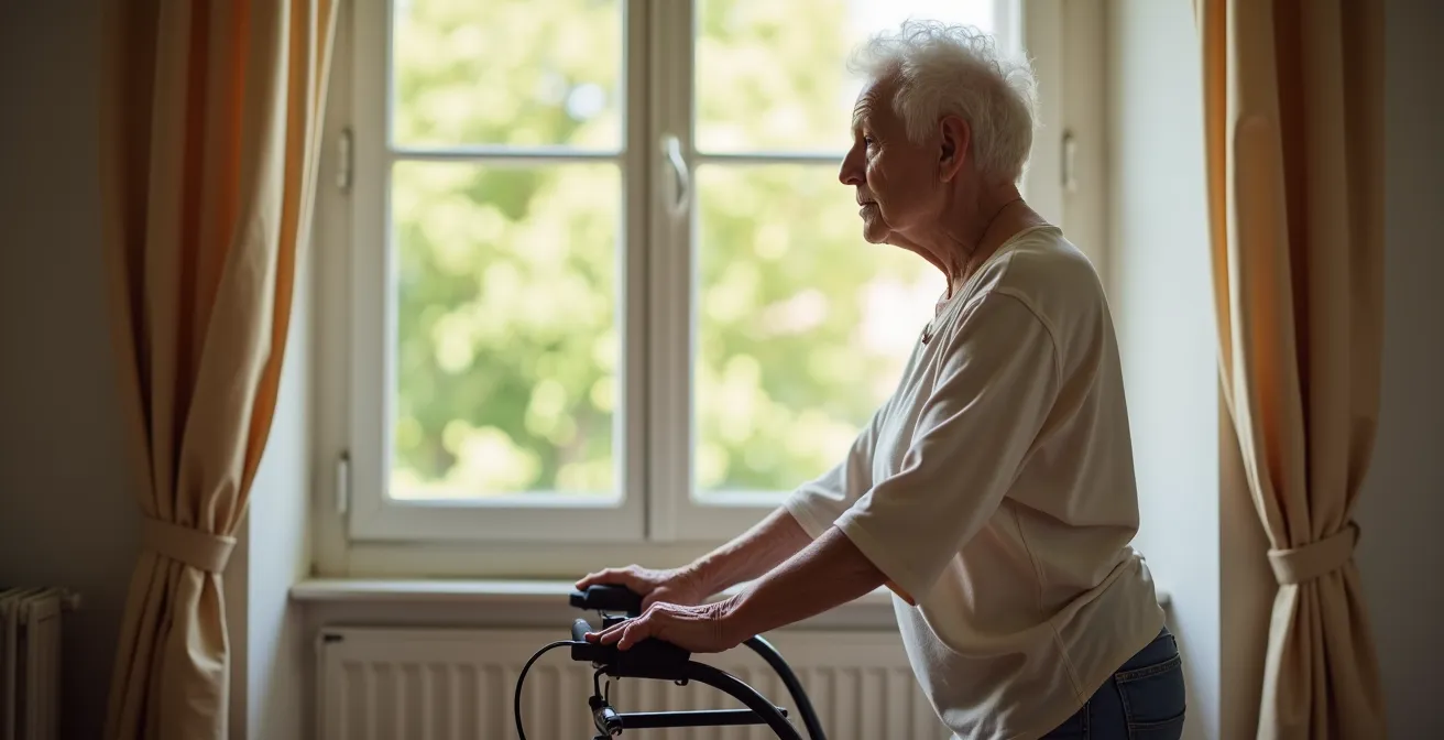 Personne âgée vue de profil montrant l'alignement correct du corps avec un rollator bien réglé