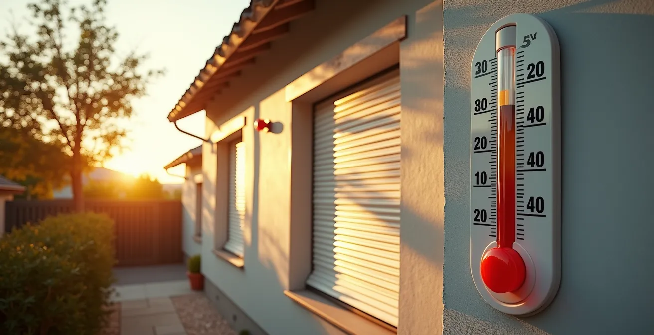 Volets automatiques fermés protégeant un intérieur frais pendant la canicule