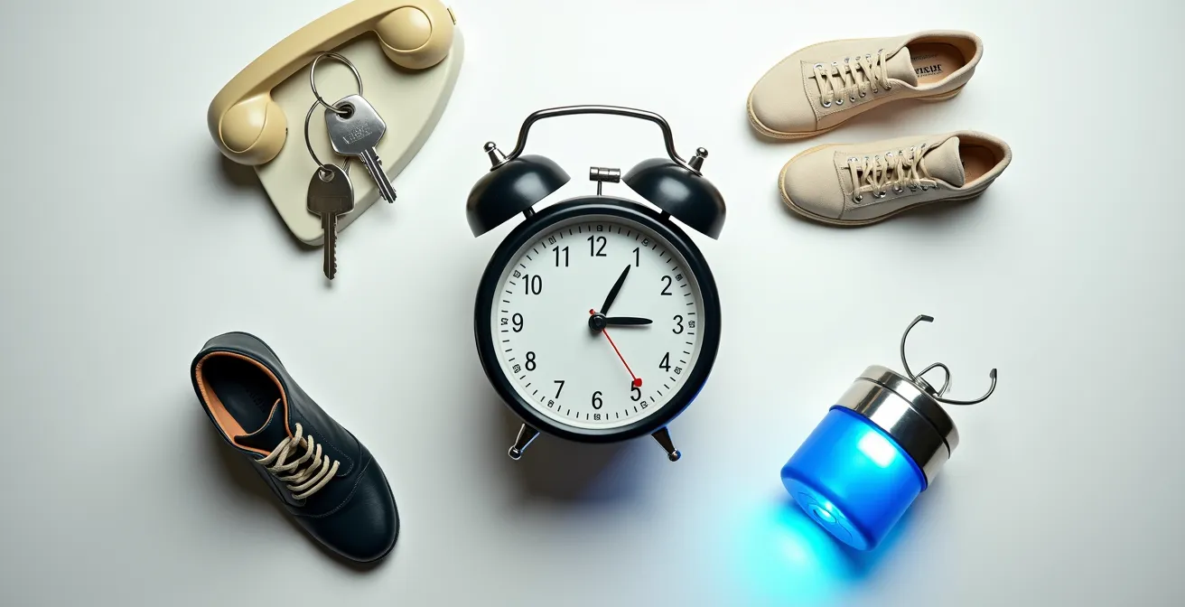 Chronologie visuelle du protocole d'urgence avec horloge et symboles d'action