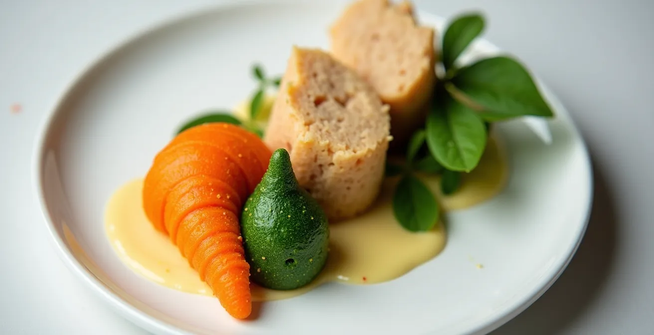 Assiette de repas mixé coloré avec présentation gastronomique en trois textures distinctes