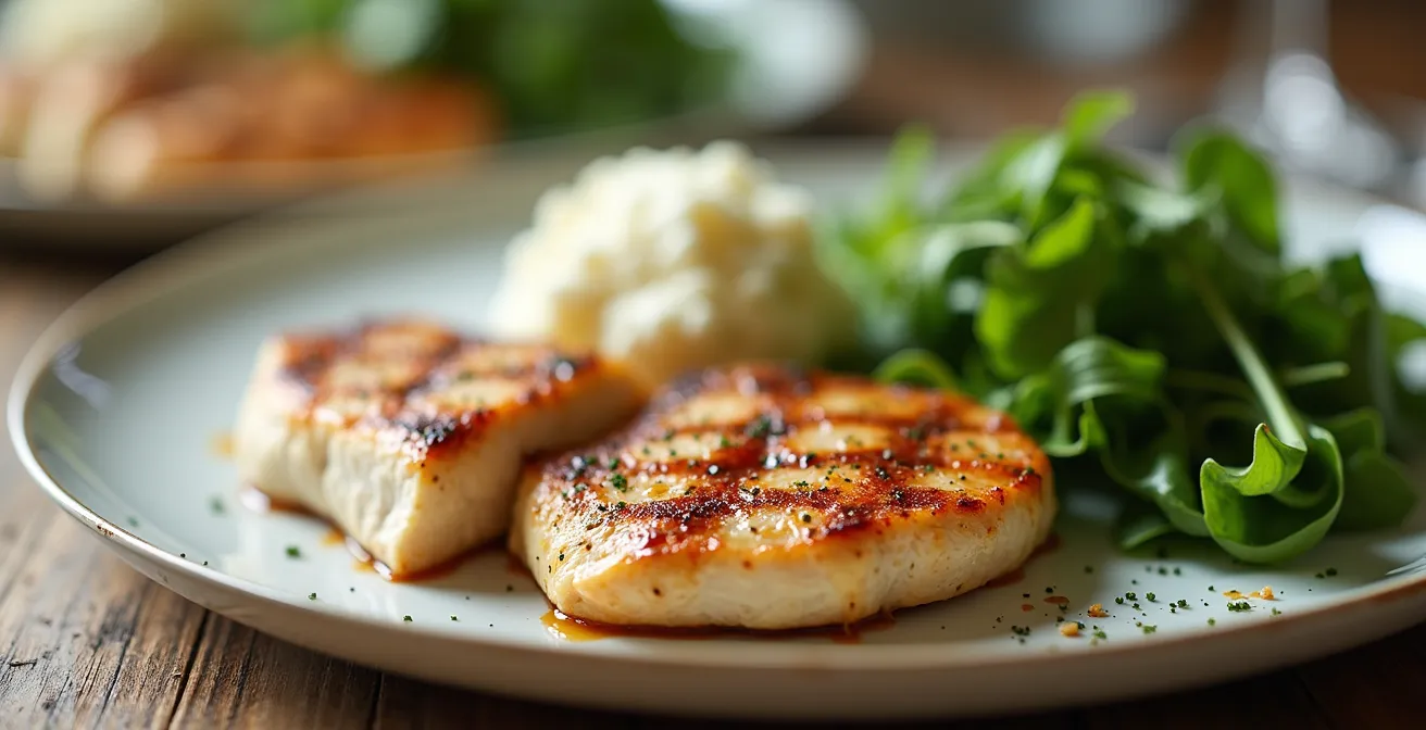 Gros plan sur une assiette équilibrée avec aliments riches en protéines sur une table française