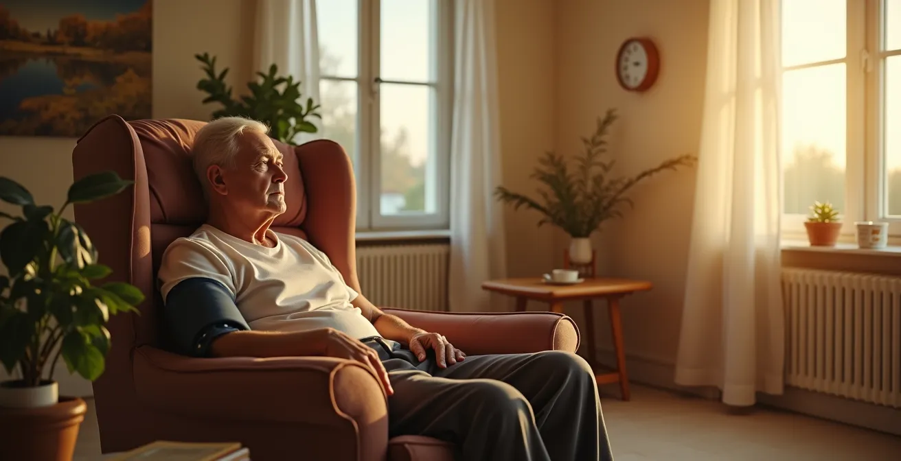 Personne senior effectuant sa mesure de tension dans un fauteuil confortable avec un carnet de suivi
