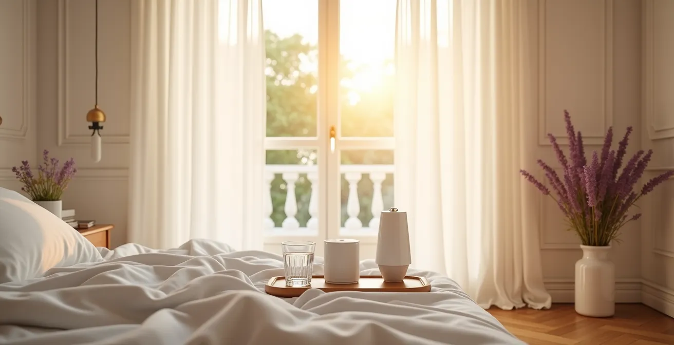 Environnement matinal apaisant avec dispositifs de santé connectés disposés harmonieusement