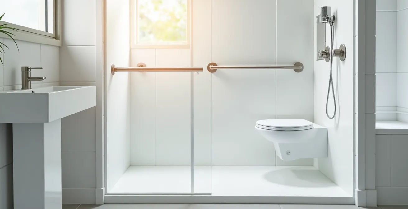 Salle de bain moderne adaptée aux seniors avec douche à l'italienne et barres d'appui, vue d'ensemble minimaliste