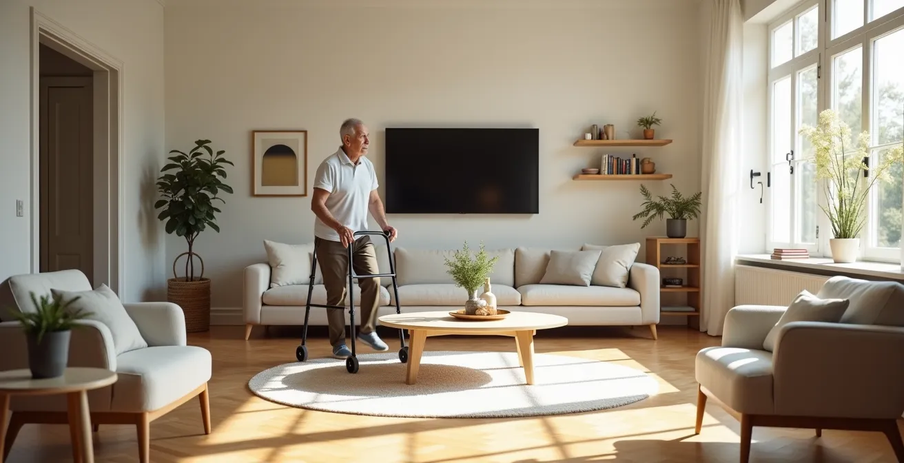 Salon réorganisé avec espace de giration pour fauteuil roulant et mobilier suspendu
