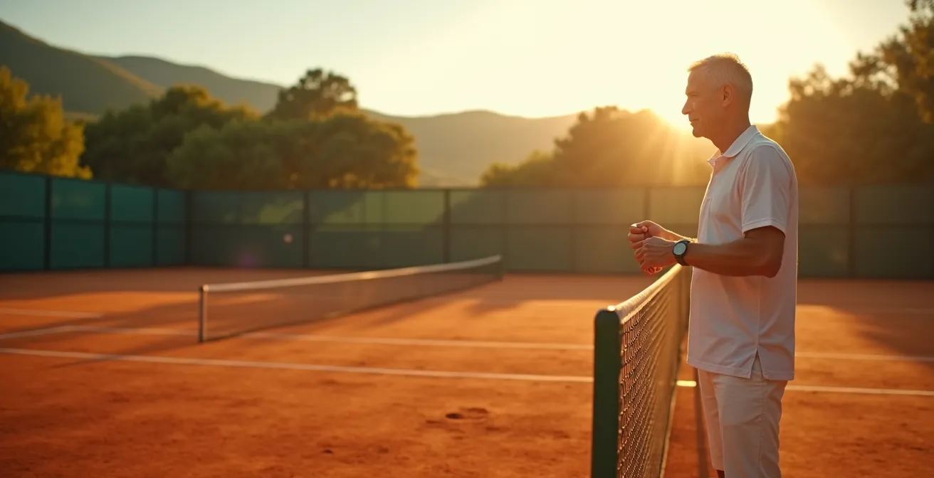 Senior sportif ajustant sa montre connectée sur un court de tennis en France