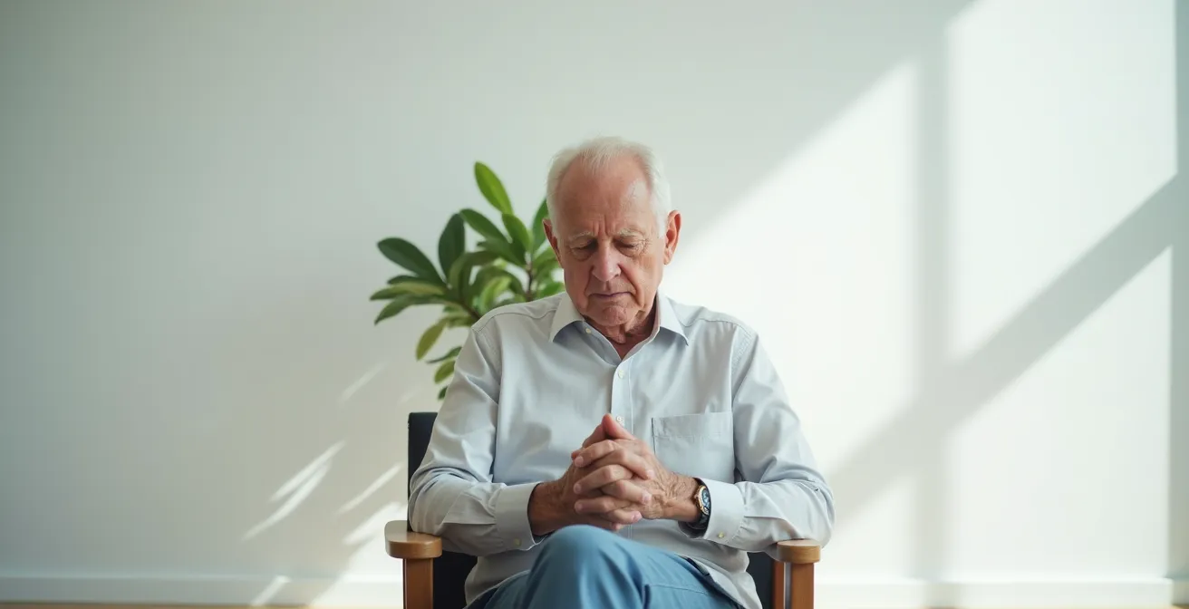 Senior en pleine concentration dans un environnement épuré et lumineux