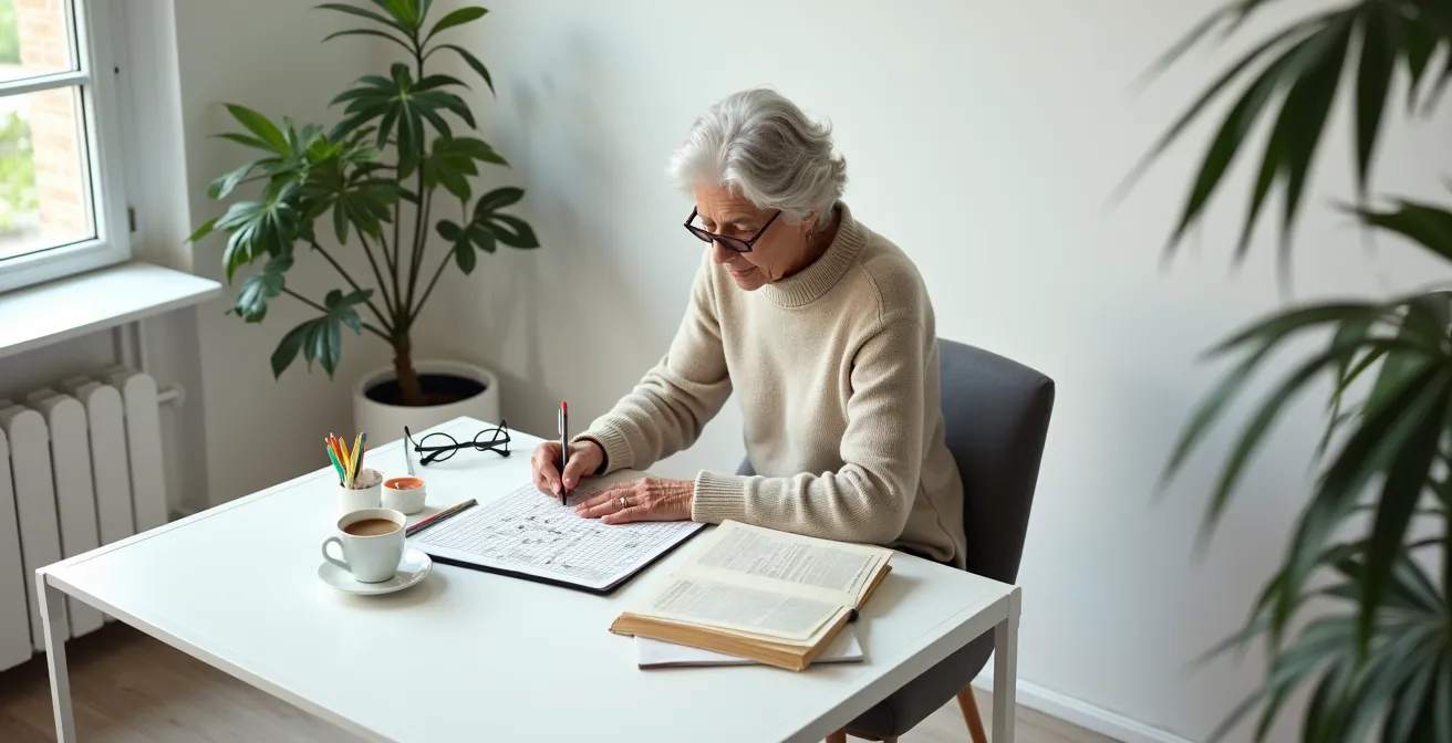 Senior concentré créant sa propre grille de mots croisés sur un thème personnel