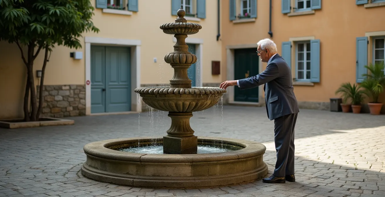 Senior se désaltérant à une fontaine publique dans un village français