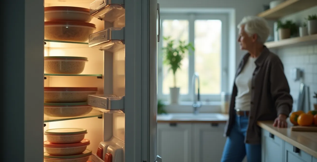 Vue d'ensemble d'une cuisine avec frigo entrouvert montrant des plateaux repas organisés et une personne âgée en arrière-plan