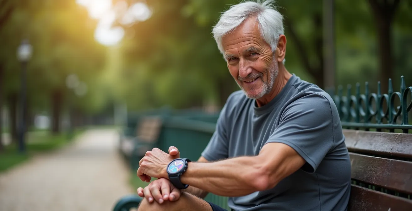 Senior assis sur un banc de parc vérifiant sa fréquence cardiaque après l'effort