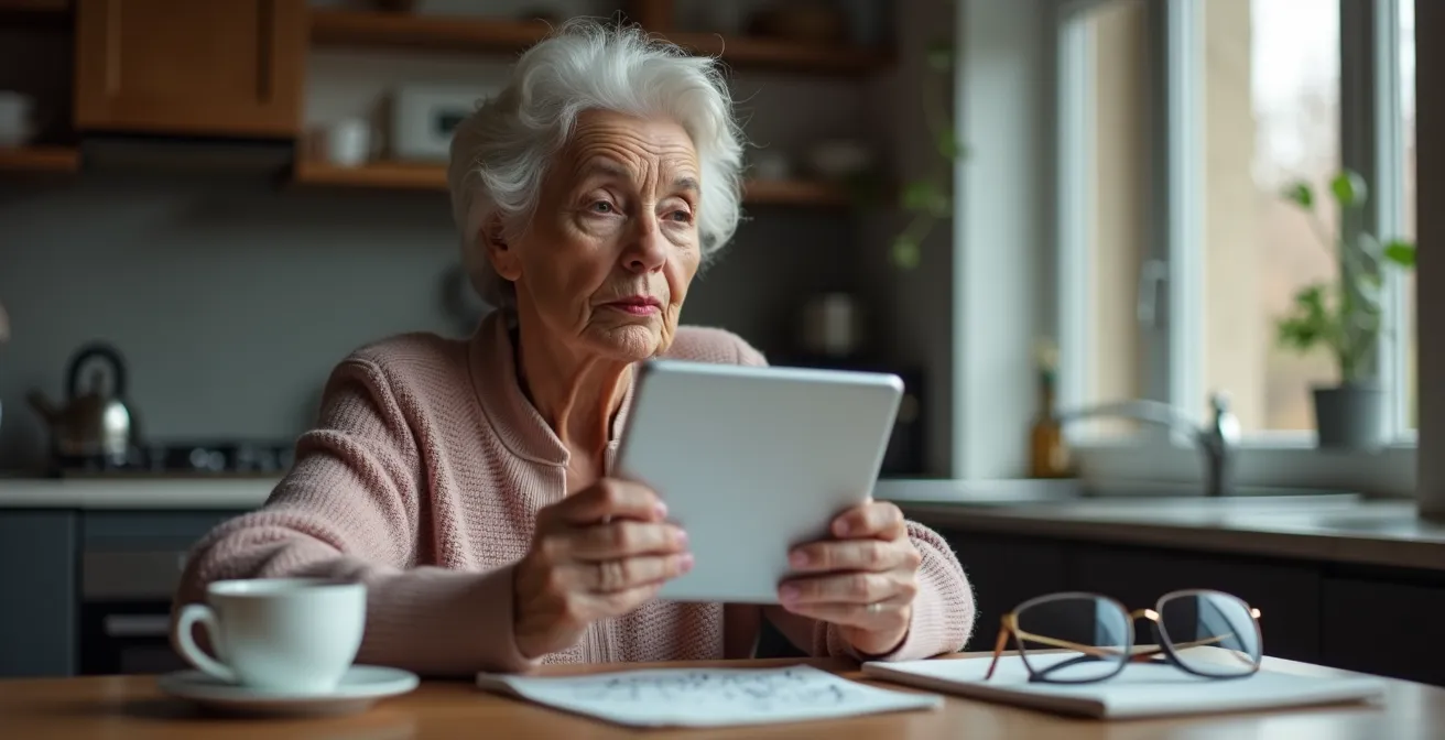 Senior réfléchissant devant une tablette avec une expression concentrée
